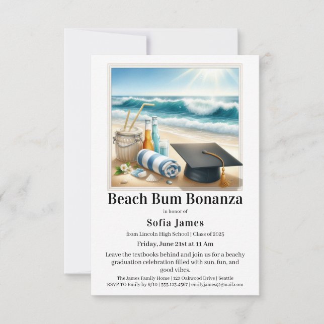 Invitación de fiesta de graduación en la playa (Anverso)