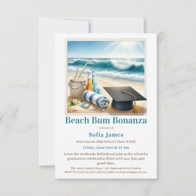Invitación de fiesta de graduación en la playa (Anverso)