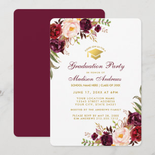 Invitación de fiesta de graduación en oro y floral