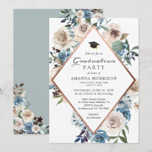 Invitación de fiesta de graduación floral azul pol