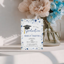 Invitación de fiesta de graduación floral azul pol