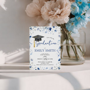 Invitación de fiesta de graduación floral azul pol