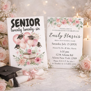 Invitación de fiesta de graduación floral rosa