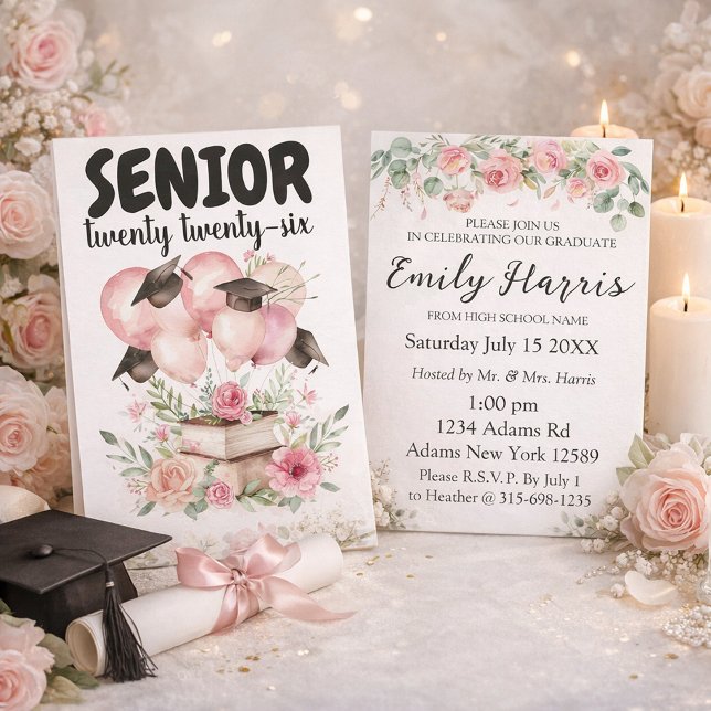 Invitación de fiesta de graduación floral rosa (Subido por el creador)