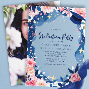 Invitación de fiesta de graduación floral rosa azu