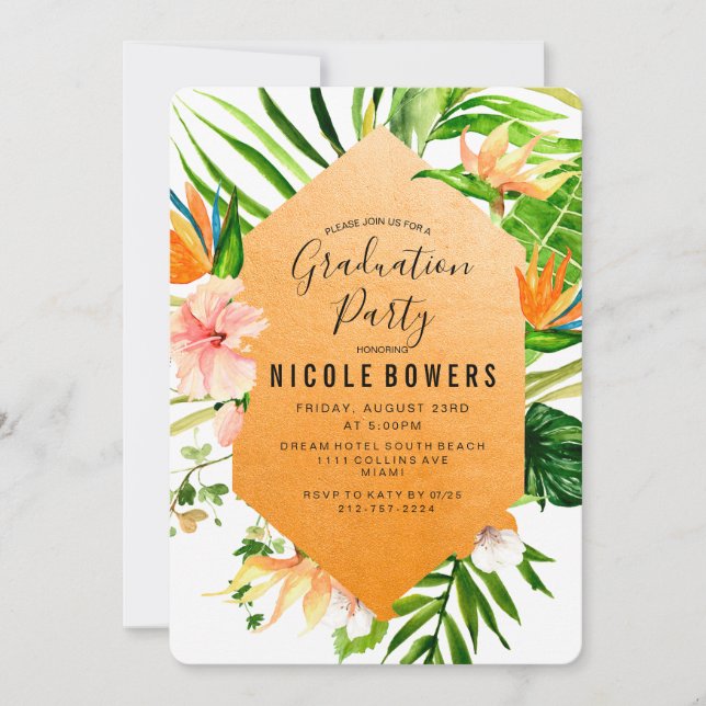 Invitación de fiesta de graduación floral tropical (Anverso)