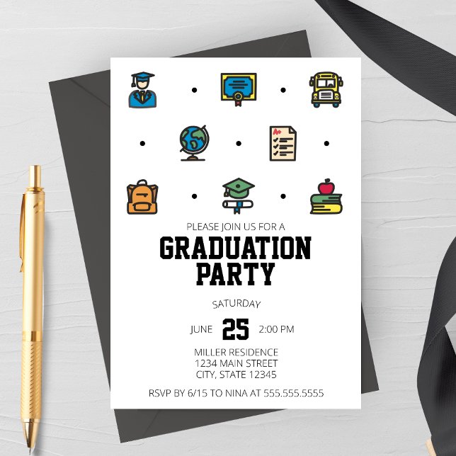 Invitación de fiesta de graduación Iconos de gradu (Graduation Line Icons Graduation Party Invitation | High School, College, Elementary Graduation)