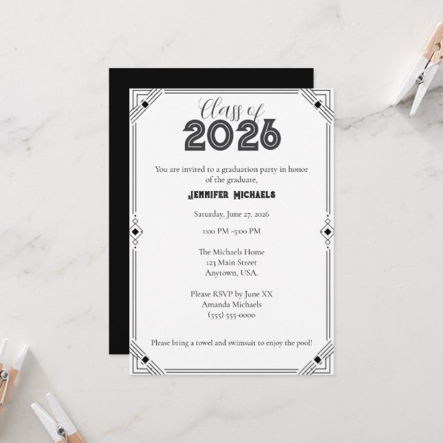 Invitación de Fiesta de Graduación Moderna Blanco  (Anverso/Reverso In Situ)