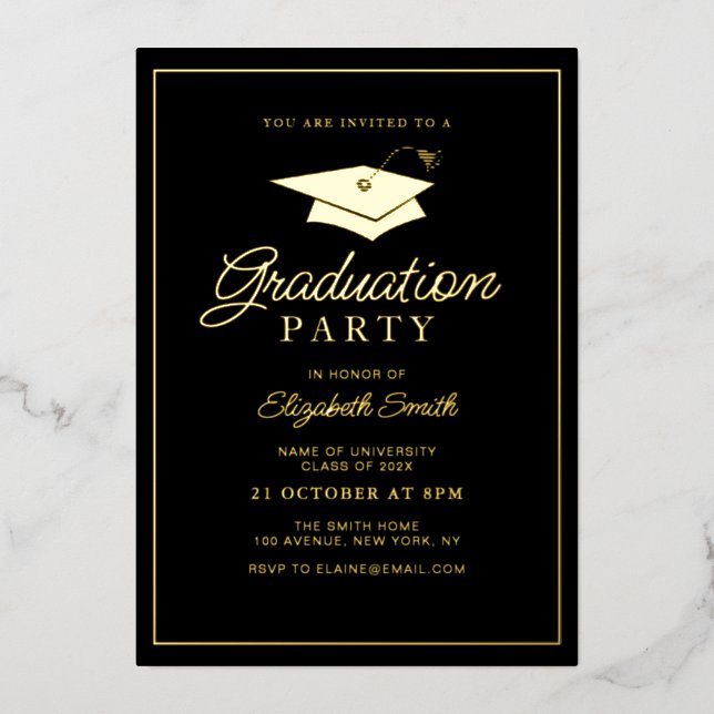 invitación de fiesta de graduación negra con marco (Anverso)
