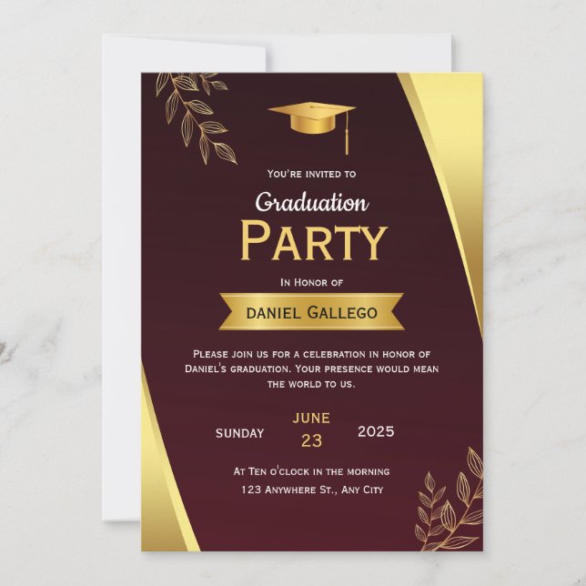 Invitación de fiesta de graduación roja y dorada (Anverso)