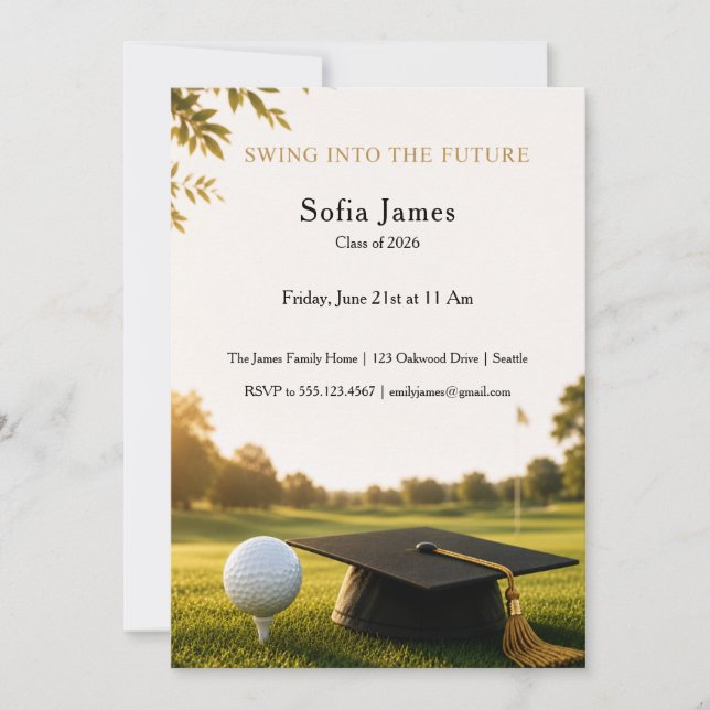 Invitación de fiesta de graduación tema de golf (Anverso)
