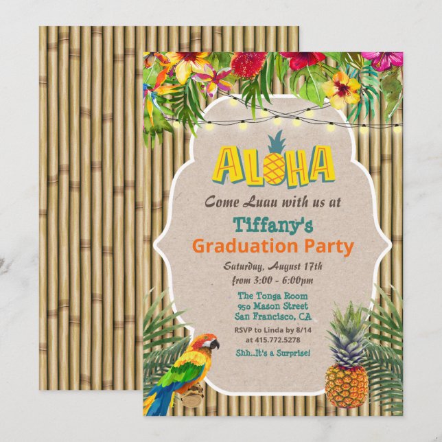 Invitación de fiesta de graduación tropical de lua (Anverso / Reverso)