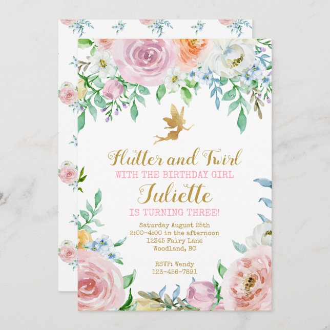 Invitación de fiesta de hada floral, Invitación de (Anverso / Reverso)