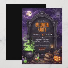 Invitación de fiesta de Halloween con caldero de b