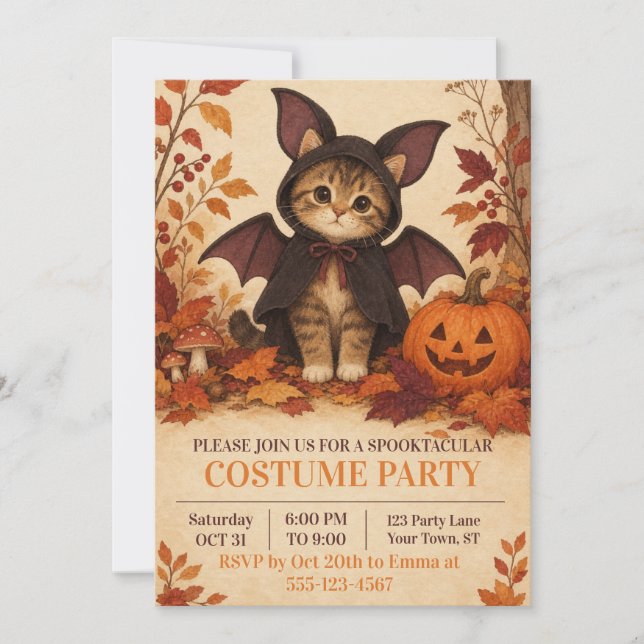 Invitación de fiesta de Halloween con disfraz de m (Anverso)