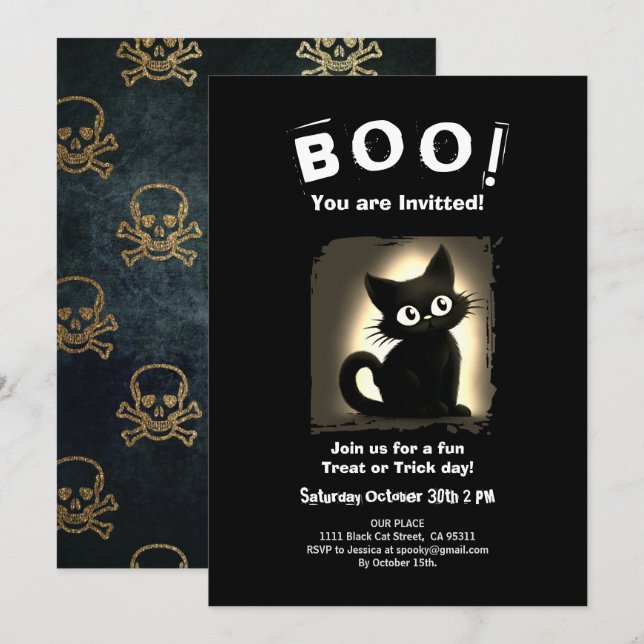 Invitación de fiesta de Halloween con gato negro l (Anverso / Reverso)