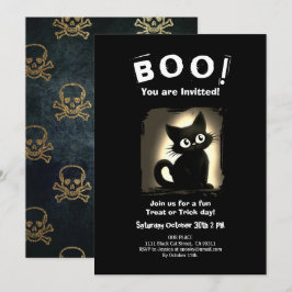 Invitación de fiesta de Halloween con gato negro l