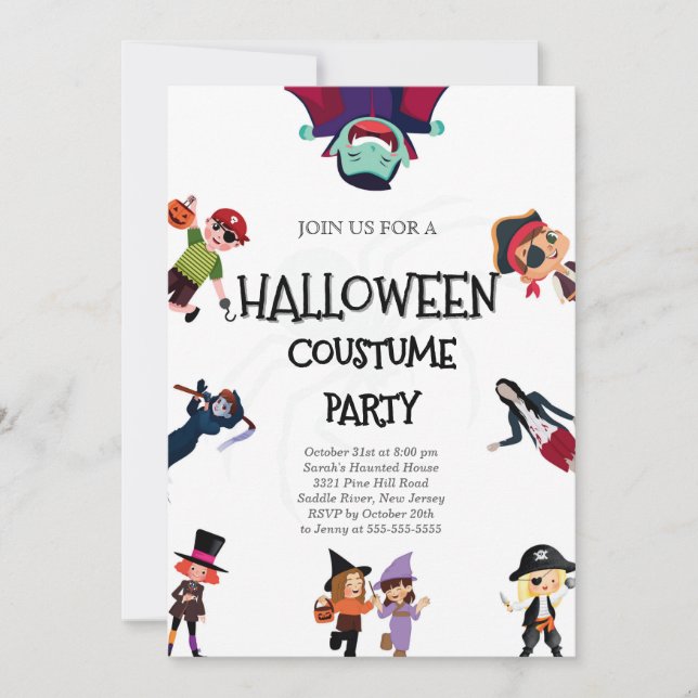Invitación de fiesta de Halloween con traje de caf (Anverso)