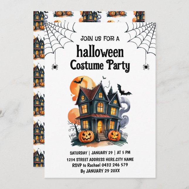 Invitación de fiesta de Halloween con traje de cas (Anverso / Reverso)