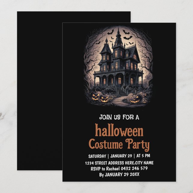 Invitación de fiesta de Halloween con traje de cas (Anverso / Reverso)