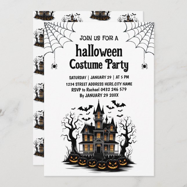 Invitación de fiesta de Halloween con traje de cas (Anverso / Reverso)