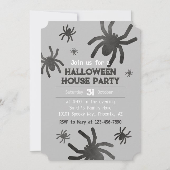 Invitación de fiesta de Halloween de araña espeluz (Anverso)