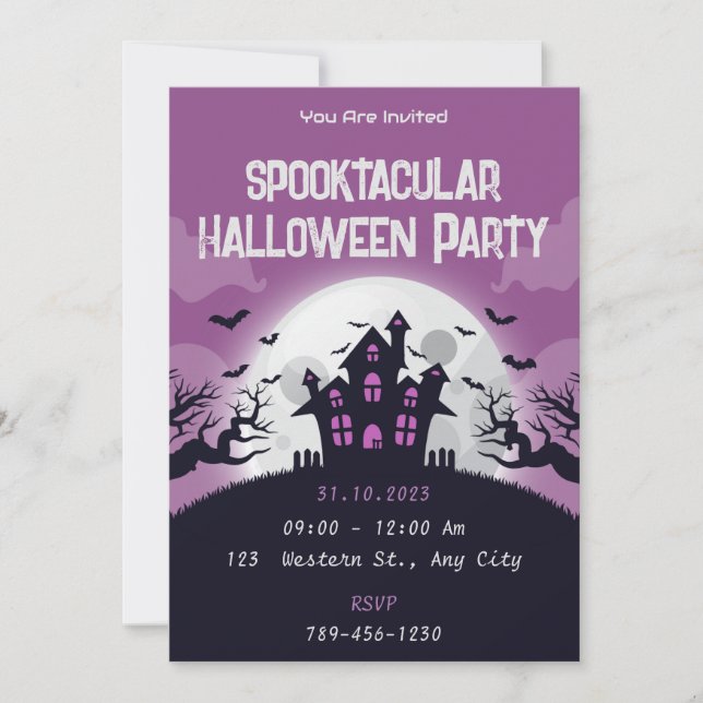 Invitación de fiesta de Halloween de Black Purple  (Anverso)