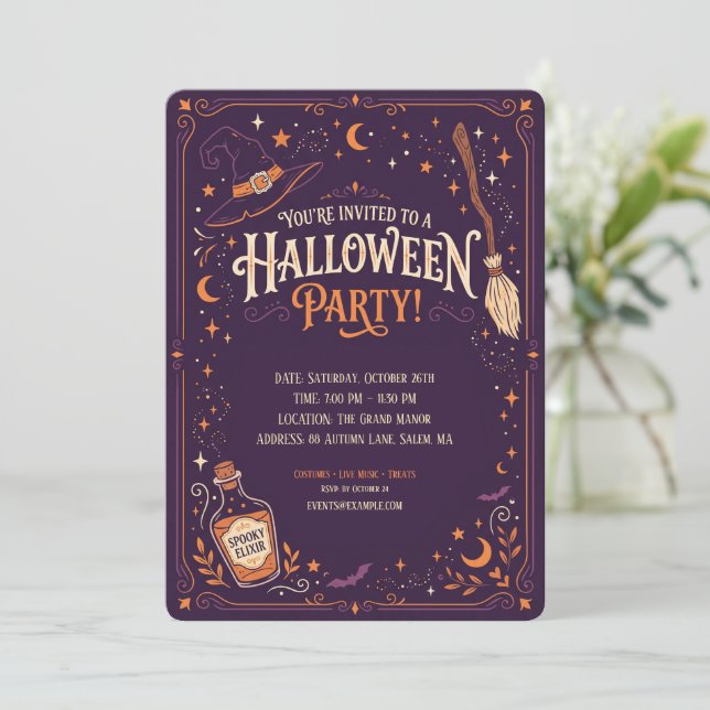 Invitación de fiesta de Halloween de bruja elegant (Anverso de pie)