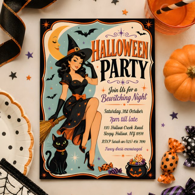 Invitación de fiesta de Halloween de bruja pin-up  (Subido por el creador)