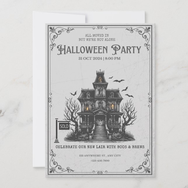 Invitación de fiesta de Halloween de casa embrujad (Anverso)