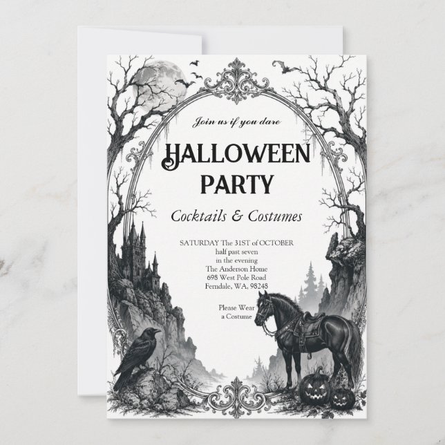 Invitación de fiesta de Halloween de cuervo gótico (Anverso)