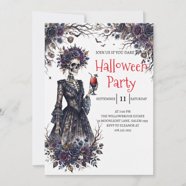 Invitación de fiesta de Halloween de dama esquelet (Anverso)