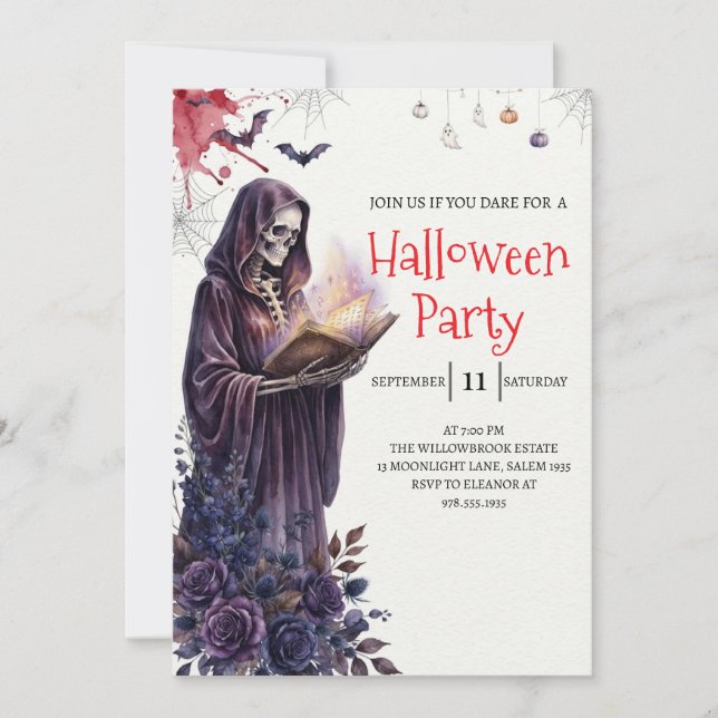 Invitación de fiesta de Halloween de dama esquelet (Anverso)