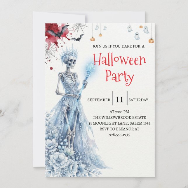 Invitación de fiesta de Halloween de dama esquelet (Anverso)