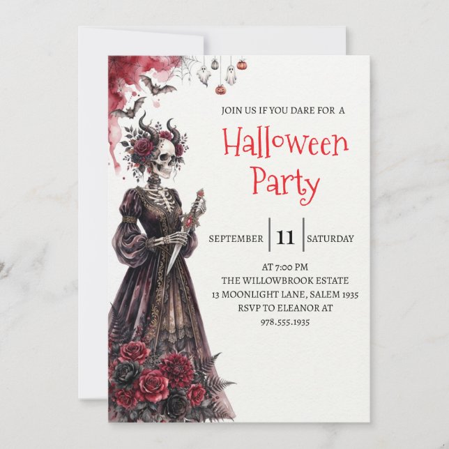 Invitación de fiesta de Halloween de dama esquelet (Anverso)