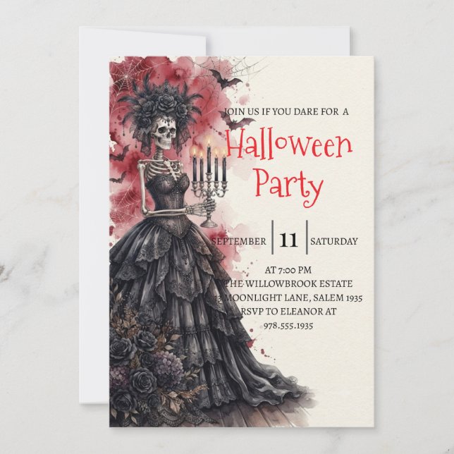 Invitación de fiesta de Halloween de dama esquelet (Anverso)