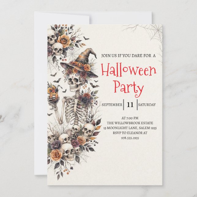 Invitación de fiesta de Halloween de dama esquelet (Anverso)