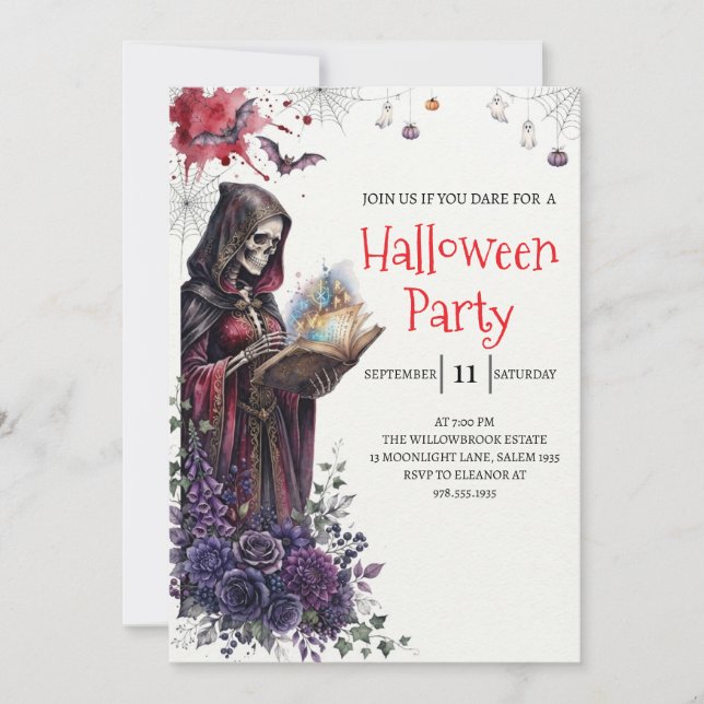 Invitación de fiesta de Halloween de dama esquelet (Anverso)