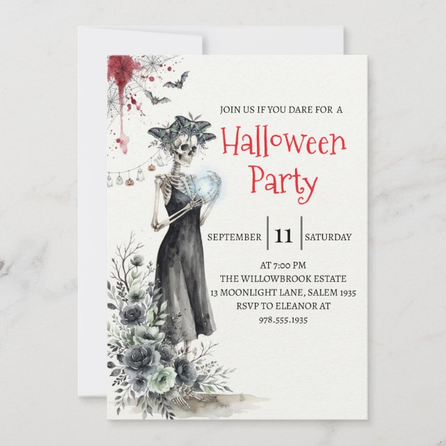 Invitación de fiesta de Halloween de dama esquelet (Anverso)