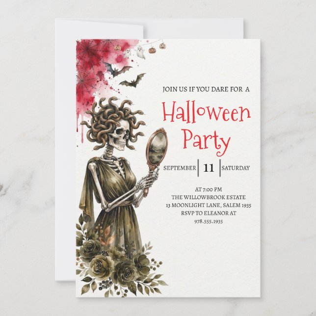 Invitación de fiesta de Halloween de dama esquelet (Anverso)