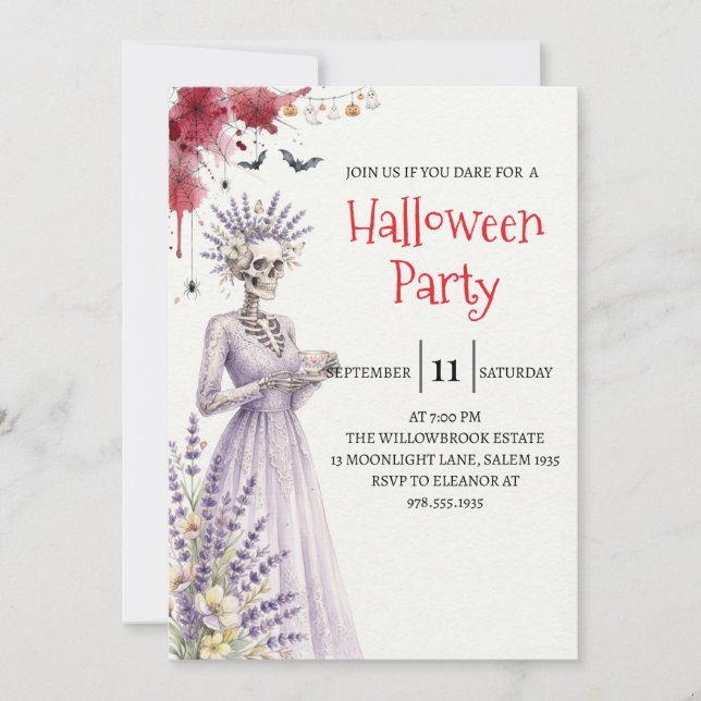 Invitación de fiesta de Halloween de dama esquelet (Anverso)