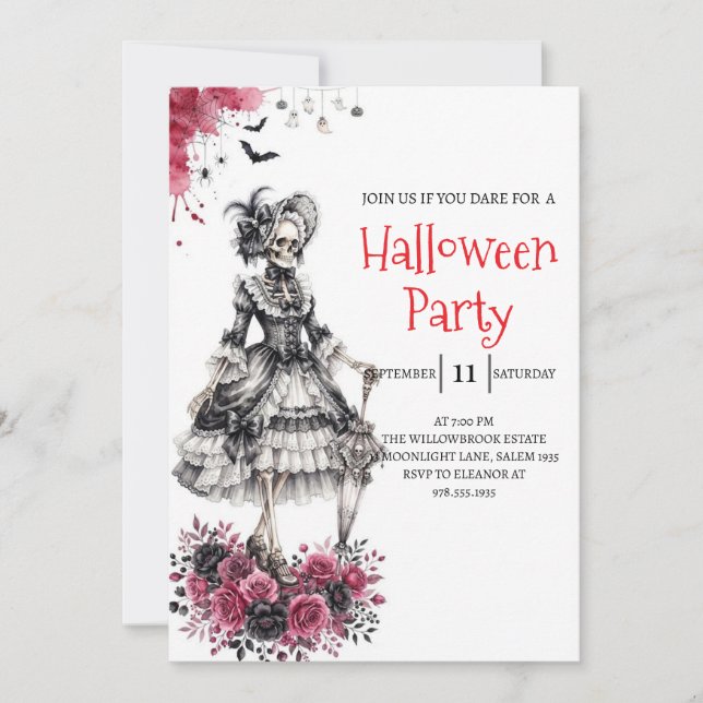 Invitación de fiesta de Halloween de dama esquelet (Anverso)