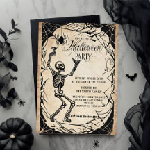 Invitación de fiesta de Halloween de esqueleto vin