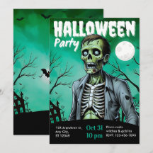 Invitación de fiesta de Halloween de esqueleto zom
