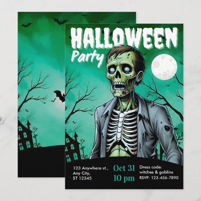 Invitación de fiesta de Halloween de esqueleto zom (Anverso / Reverso)