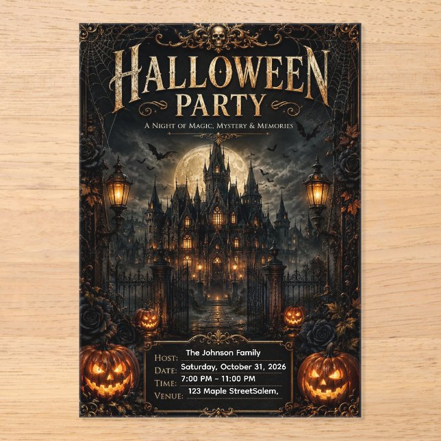 Invitación de fiesta de Halloween de lujo gótico e (Anverso)