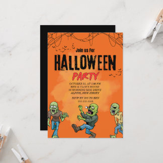 Invitación de fiesta de Halloween de zombie naranj
