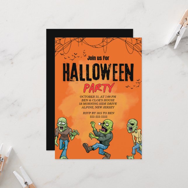 Invitación de fiesta de Halloween de zombie naranj (Anverso/Reverso In Situ)