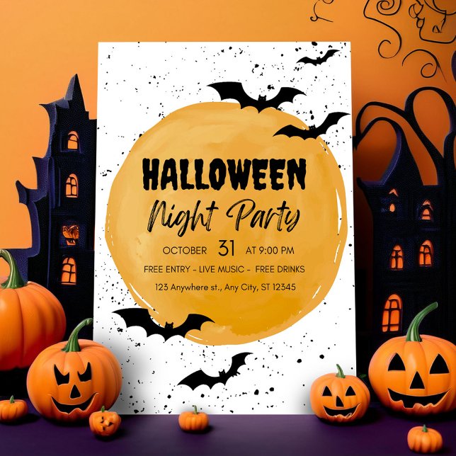 Invitación de fiesta de Halloween editable Murciél (black halloween bats night party invate orange creepy scary pumpkins)