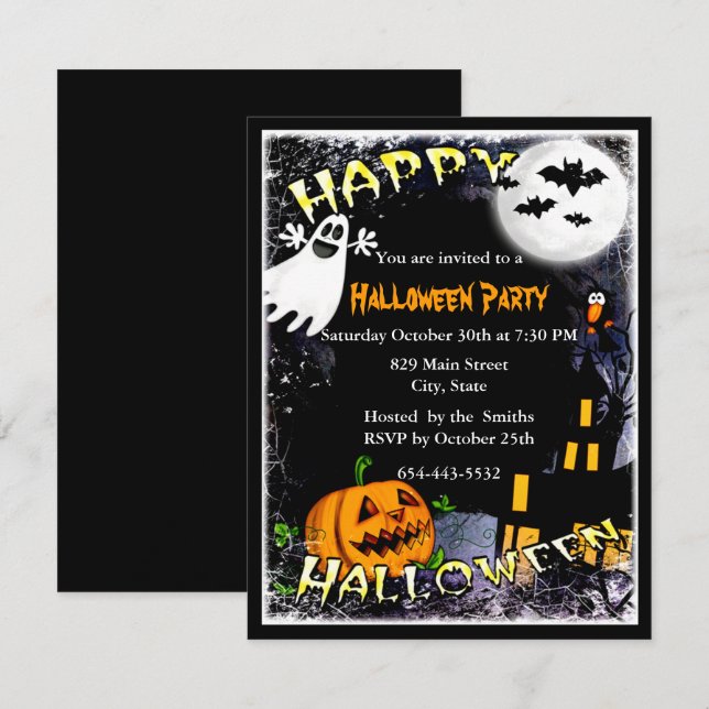 Invitación de fiesta de Halloween en casa embrujad (Anverso / Reverso)